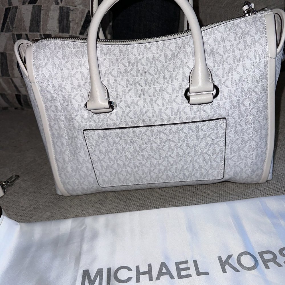MICHAEL KORS Carine Medium Logo Satchel Bag - White/Beige - Picture 6 of 15